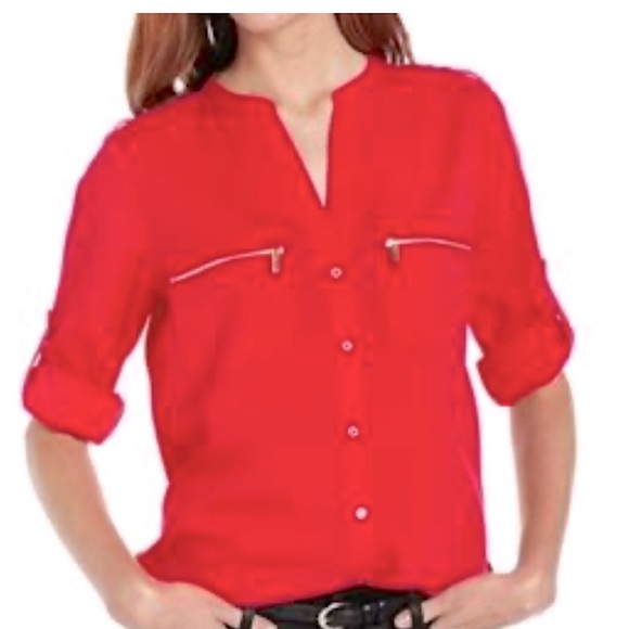Calvin Klein Tops - Calvin Klein Coral Gold Zipper Pockets Blouse NWOT